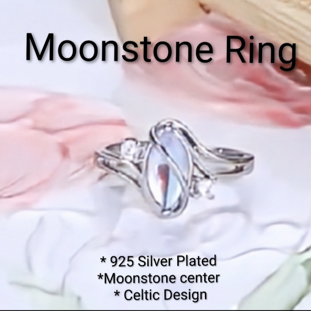 925 Silver Rainbow Moonstone Zirconia Silvery Ring Size 8 Celtic Rings - Picture 1 of 12